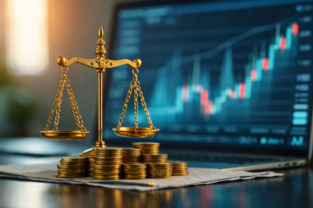 Balance scales on stacked coins before a financial market graph, illustrating international economic law - mainly investment law and regulation of global capital