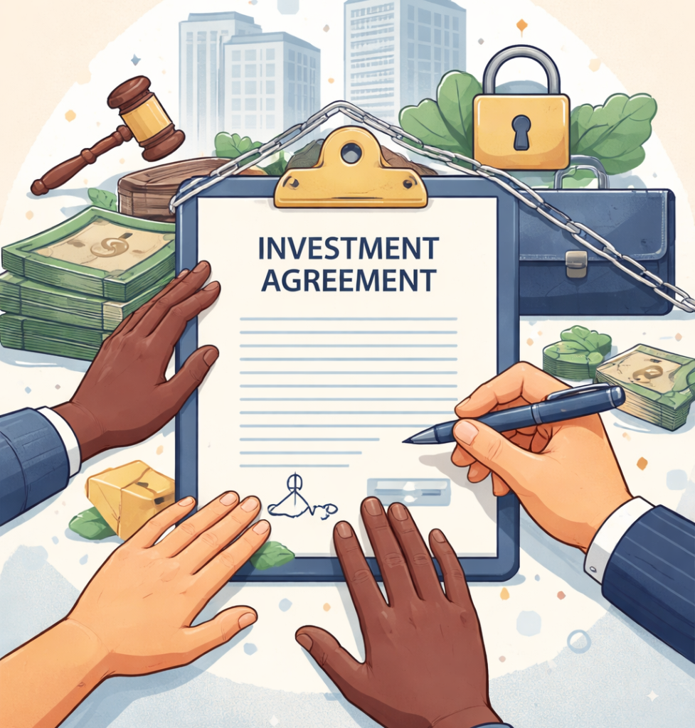 Hands reaching toward an investment agreement, symbolising communities consulted but not empowered in foreign investment decisions; legal and financial icons underscore the power imbalance