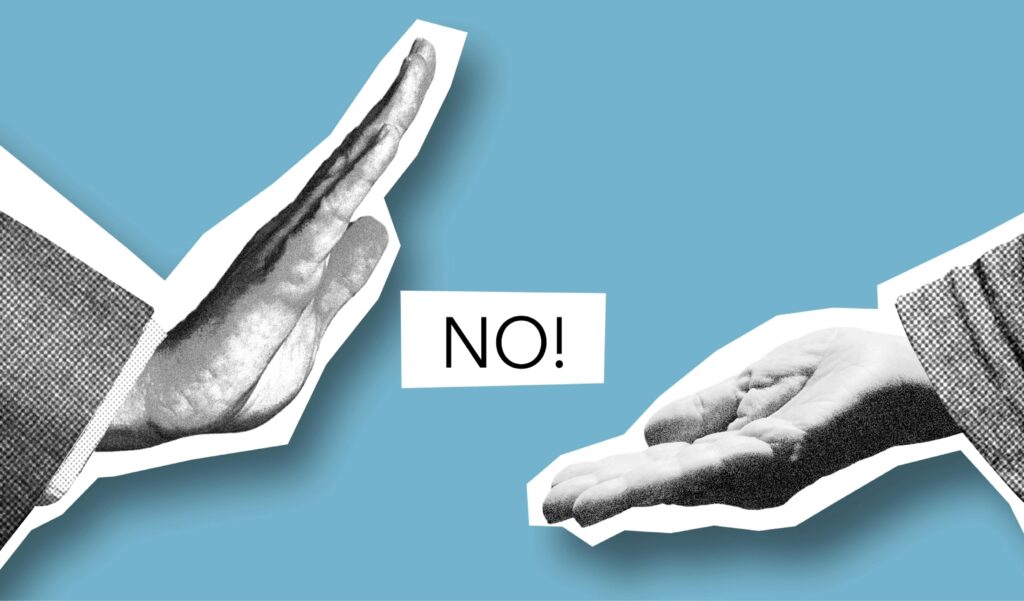 Artistic image showing hands with a 'NO!' message symbolizing disagreement. - Conflict resolution in investment law